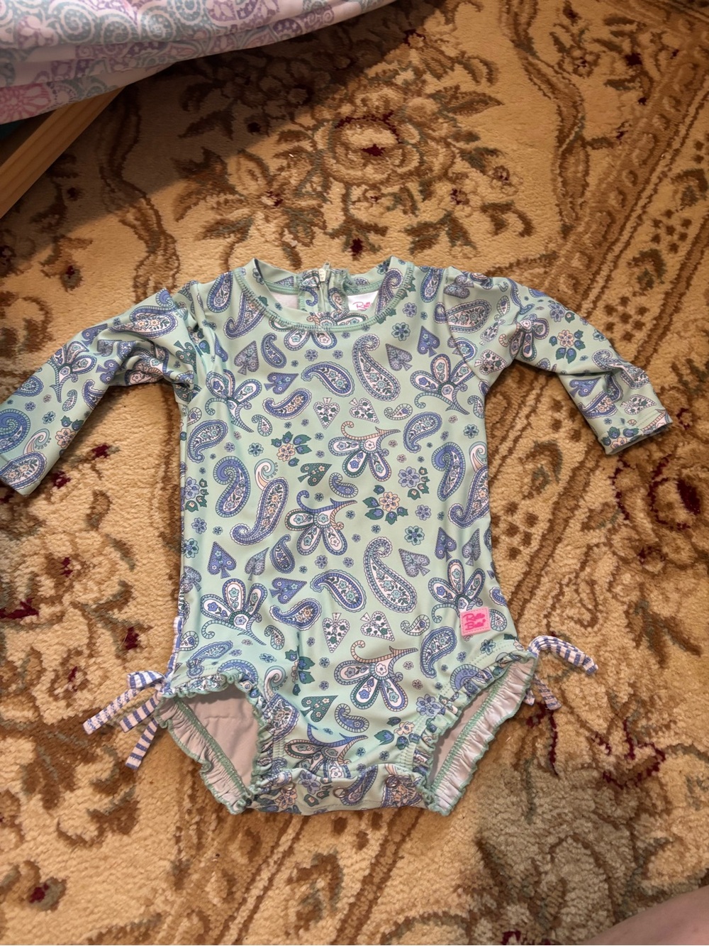 Ruffle Butts Mint Paisley Long-Sleeve One-Piece